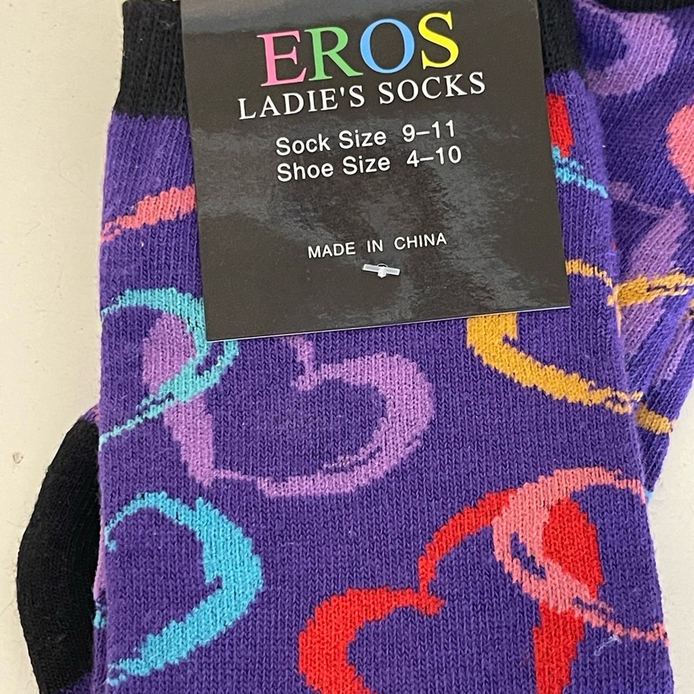 Purple ladies socks with colorful designs